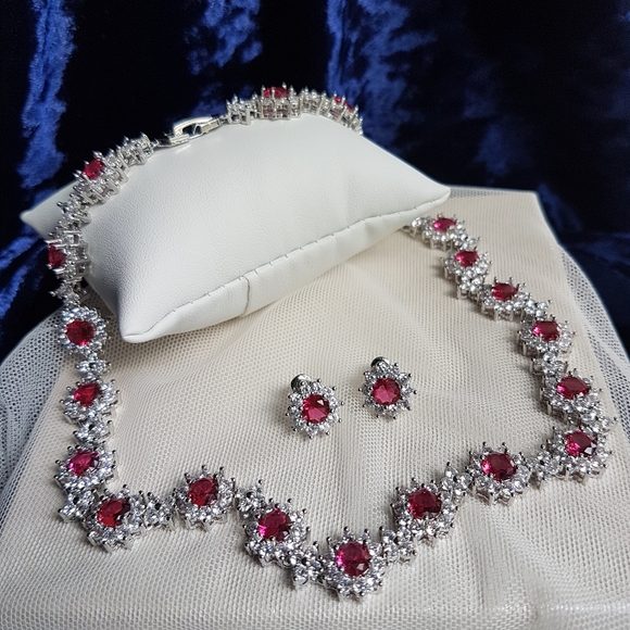 Swarovski Elements Platinum Ruby Red All-around Tennis Necklace & Earrings SET - Picture 1 of 14